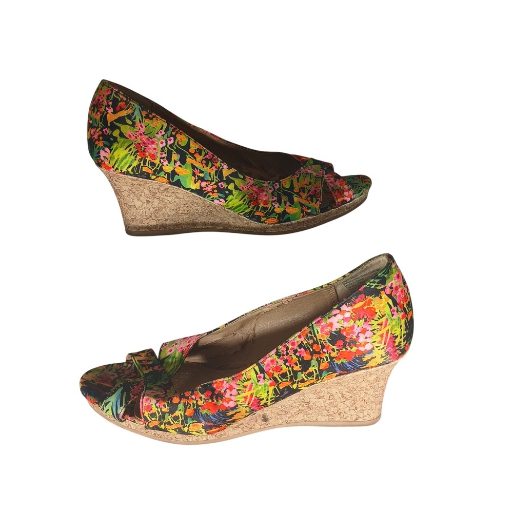 Dexflex Comfort‎ Womens 10 Floral Wedge Sandals Peep Toe Cork Heel Multicolor